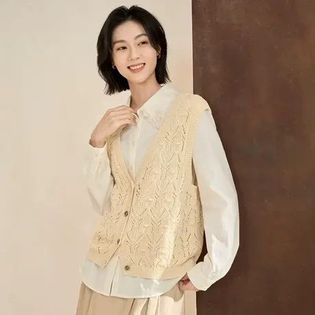 【商场同款】茵曼2023春秋女装新款时尚百搭宽松V领开衫无袖毛衣图片