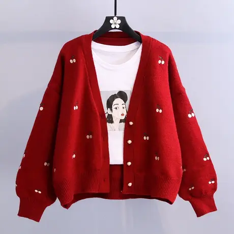 新年红色毛衣外套女2023秋装新款韩版宽松外穿慵懒风短款针织开衫商品大图