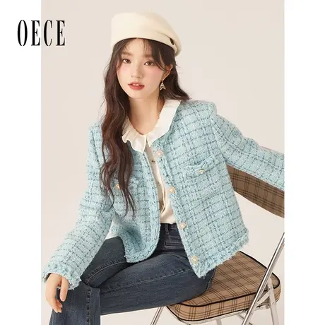 Oece复古小香风外套2022秋冬季新款女装粗花呢短款大衣呢子外套商品大图