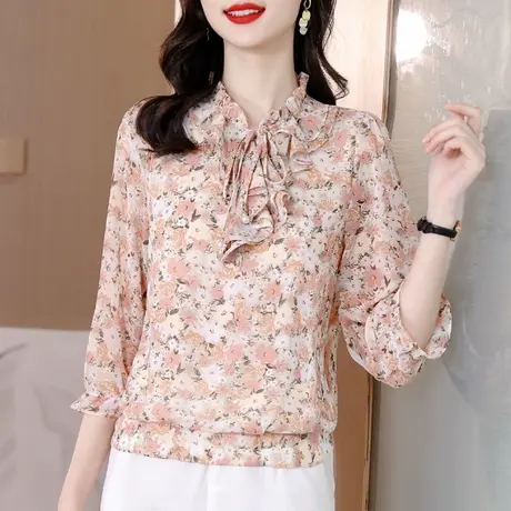 中袖碎花雪纺衫女2023年新款七分袖上衣漂亮时尚小衫高档洋气别致商品大图