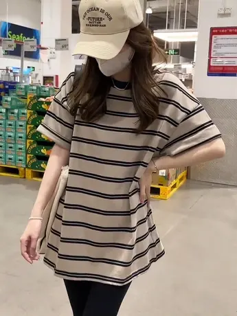 条纹大版正肩短袖t恤女夏季2023年新款宽松显瘦体恤休闲圆领上衣商品大图