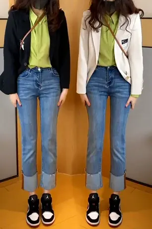 拼接撞色高腰直筒牛仔裤女2023年春秋季新款窄版显瘦翻边烟管裤子商品大图