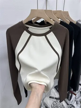 欧货撞色圆领长袖短款修身上衣女2023夏季新款T恤百搭拼接打底衫图片