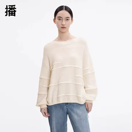 播毛衣女2023冬季新款100%羊毛提花简约圆领套头针织衫BDP4SD1925商品大图