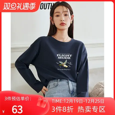 TOYOUTH初语长袖T恤女2023年春季新款舒适纯棉印花打底外穿上衣商品大图
