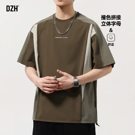 青少年拼接t恤男2025新款美式复古短袖男款宽松上衣潮牌男装夏装商品大图