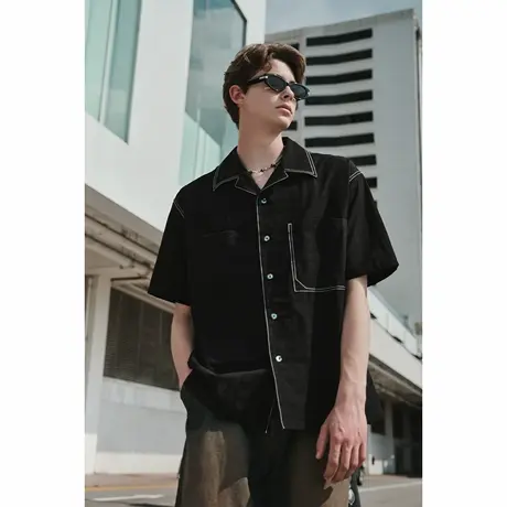 Lilbetter肌理感泡泡纱衬衫夏黑白压线街头设计感宽松短袖体恤潮商品大图