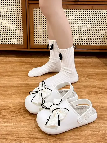 勃肯毛毛鞋懒人一脚蹬外穿包头半拖棉鞋2023冬季女款蝴蝶结羊毛鞋商品大图