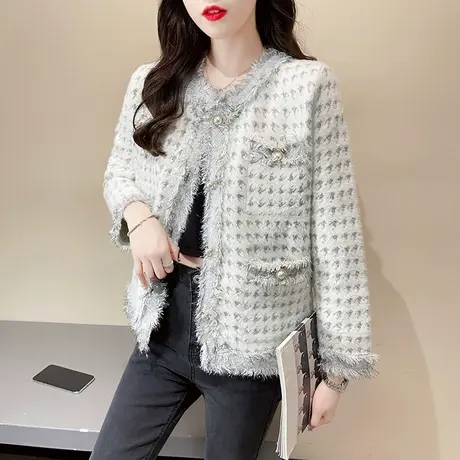 女士水貂绒小香风西装短外套女款2022年新款洋气时尚开衫上衣春秋图片