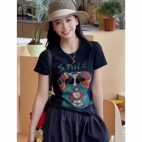 洋气减龄趣味卡通印花短袖正肩t恤衫女士夏款修身显瘦短款上衣ins图片