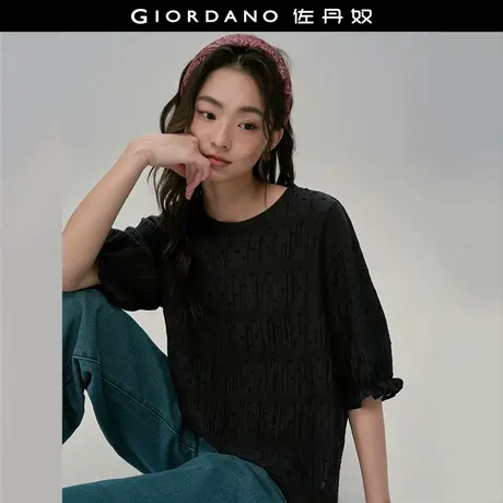 设计师款佐丹奴新款黑色褶皱肌理立体波点宽松圆领衬衫女18345824商品大图