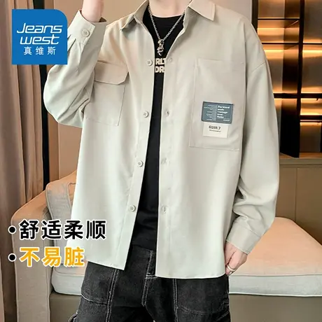 KZH真维斯港风长袖衬衫男秋季新款宽松舒适外套潮流翻领休闲上衣商品大图