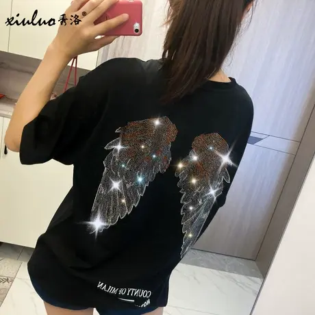 秀洛网红水钻衣服天使大翅膀短袖重工烫钻t恤女男欧货欧洲站潮牌商品大图
