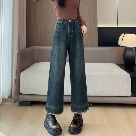 复古加绒加厚毛边阔腿牛仔裤女春秋高腰宽松显瘦小个子九分直筒裤商品大图