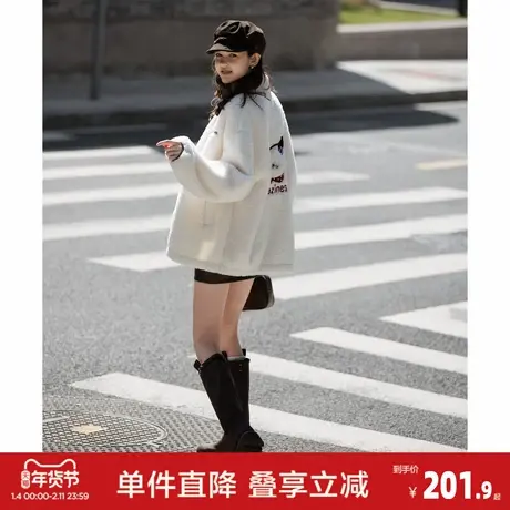 唐狮2026秋冬女立领撞色一手长羔毛外套可爱宽松休闲毛茸茸图片