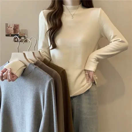 长袖T恤女秋冬季新款修身德绒磨毛上衣半高领加绒加厚内搭打底衫商品大图