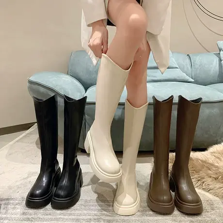 长筒靴女2023春秋季新款英伦风复古小个子显瘦靴子粗跟厚底骑士靴商品大图