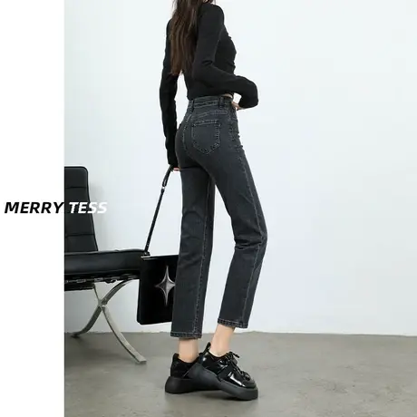 高腰烟管牛仔裤女春秋新款设计感修身显瘦弹力百搭八分九分法棍裤图片