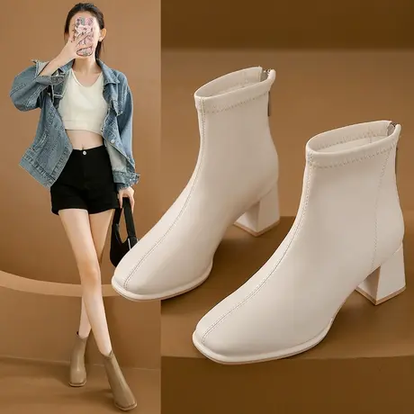 粗跟短靴女2023年秋季新款高跟女鞋马丁靴小个子秋冬加绒瘦瘦靴子图片