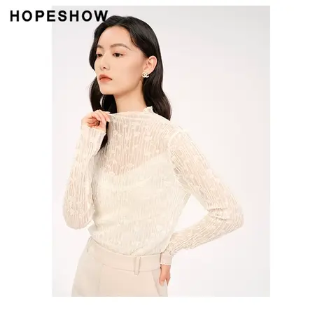 红袖outlets蕾丝半高领套头打底衫hopeshow2023冬款气质淑女上衣图片