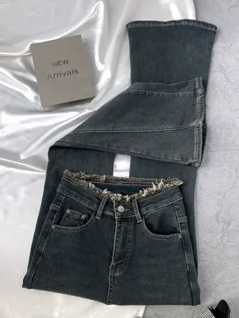 腰头毛边加绒牛仔喇叭裤女2023秋冬新款显瘦百搭复古磨白马蹄长裤商品大图