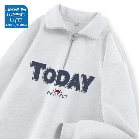 真维斯LIFE灰色翻领卫衣女2023新款春秋款小个子宽松半拉链外套女商品大图