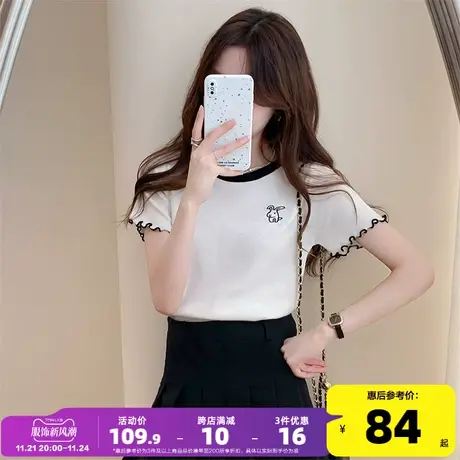 唐狮新款撞色设计感圆领短袖t恤女2023新款白色t恤洋别致上衣yd11图片