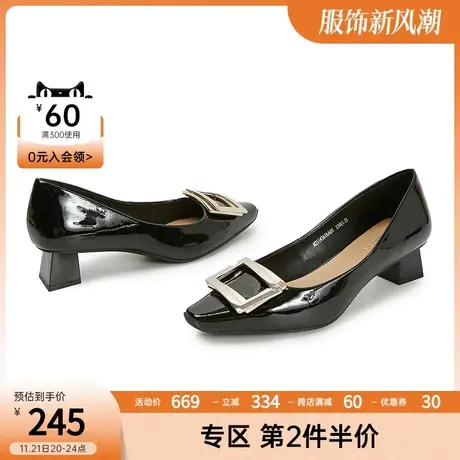 千百度简约方扣气质女单鞋百搭中跟通勤时装鞋一脚蹬女鞋子商品大图