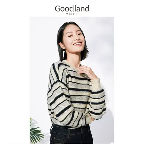 Goodland美地女装冬季长袖慵懒风套头毛衣条纹针织衫商品大图