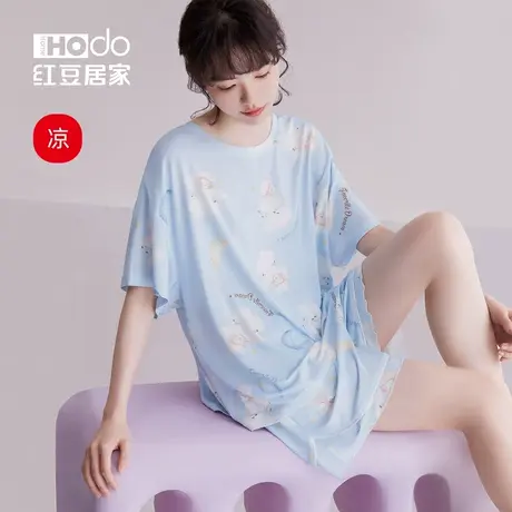 红豆居家莫代尔睡衣女夏季凉感短袖可爱少女可外穿套头家居服套装商品大图