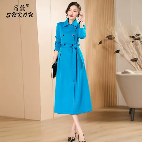 湖蓝色中长款风衣外套女2024秋季新款小个子流行大衣英伦风高级感商品大图