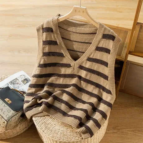 条纹针织马夹背心文艺复古宽松显瘦百搭毛衣马甲上衣2022秋季新款商品大图