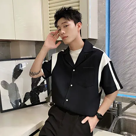 高级感撞色短袖衬衫时尚潮牌休闲半袖衬衣2023新款夏季男装半截袖商品大图