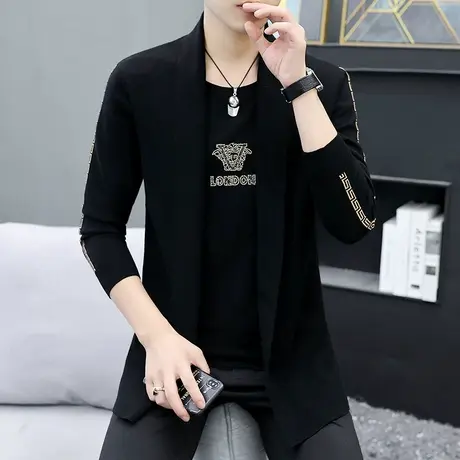 t恤男士潮流帅气假两件毛衣秋冬季韩版休闲针织开衫外穿个性衣服商品大图