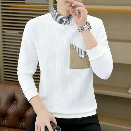 秋冬男式韩版假两件卫衣潮流坑条纹口袋设计感带领高品质长袖上衣图片