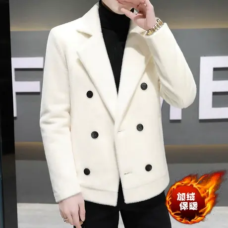 加绒加厚双排扣小西装潮流韩版帅气水貂绒保暖上衣服冬装男士西服图片