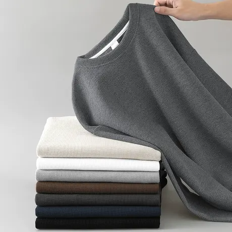 华夫格卫衣男春秋季套头无帽秋冬摇粒绒加厚加绒纯色圆领长袖t恤商品大图