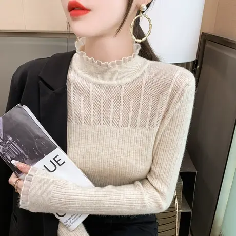 网纱木耳边半高领针织衫毛衣上衣女2025春秋显瘦内搭弹力打底衫潮商品大图