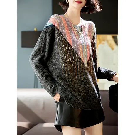 宝诗黎圆领蝙蝠袖烫钻毛衣女时尚宽松2024春季新款慵懒条纹针织衫商品大图