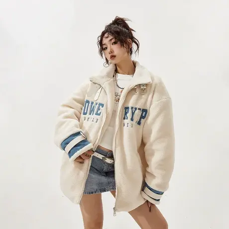 YEP复古拼接棉服女冬季加厚外套2023新款街头潮牌宽松毛毛棉衣商品大图