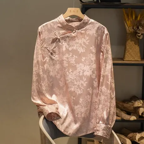 享永子暗纹碎花上衣斜襟盘扣文艺复古立领天丝茶服女2024春夏新款图片