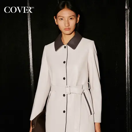 COVER秋季撞色绵羊皮收腰皮衣外套图片