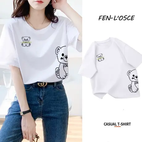 纯棉短袖t恤女2024年夏季新款设计感小众小熊半袖体恤上衣服ins潮商品大图