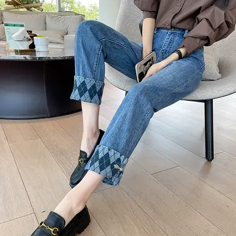 卷边直筒牛仔裤女春秋高腰宽松显瘦2023新款小个子九分翻边烟管裤商品大图
