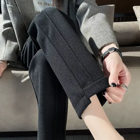黑色毛呢裤子女哈伦2024秋冬新款高腰宽松显瘦百搭九分烟管萝卜裤商品大图