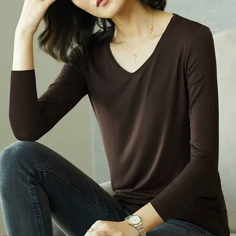 长袖莫代尔T恤女宽松中袖v领上衣2023春季款显瘦七分袖打底衫商品大图