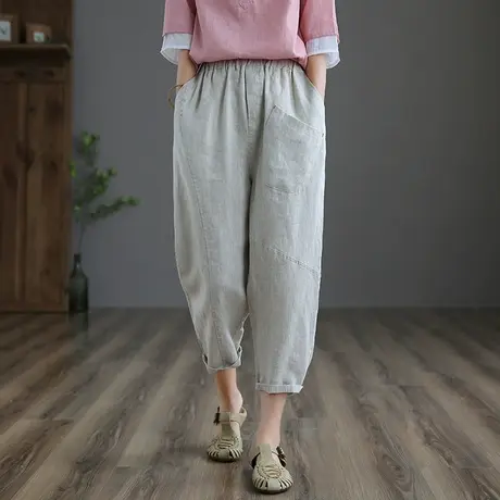 dza 100%亚麻休闲哈伦裤女士2022春夏新薄款九分裤棉麻老爹阔腿裤图片