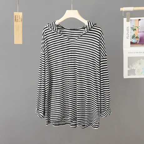 黑白条纹轻薄轻薄款透气防晒衫连帽长袖上衣2024新款夏季防晒衣女图片