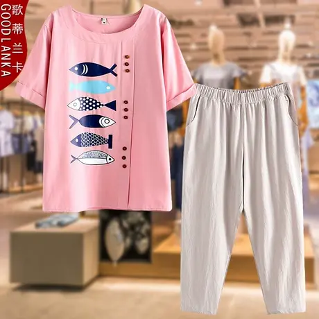 中年妈妈夏装休闲套装大码宽松时尚纯棉印花短袖t恤妈妈装两件套商品大图