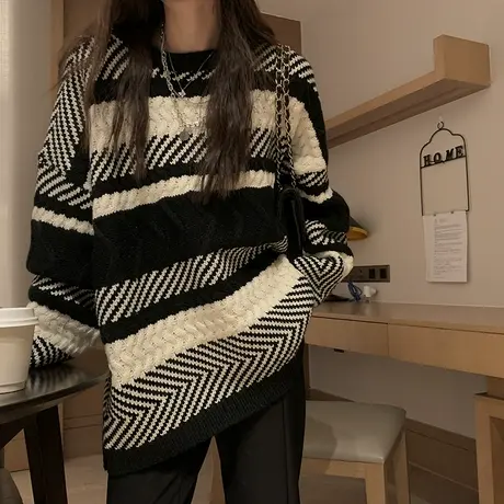 条纹毛衣女秋冬加厚复古日系宽松设计感小众外穿慵懒风外套ins潮图片